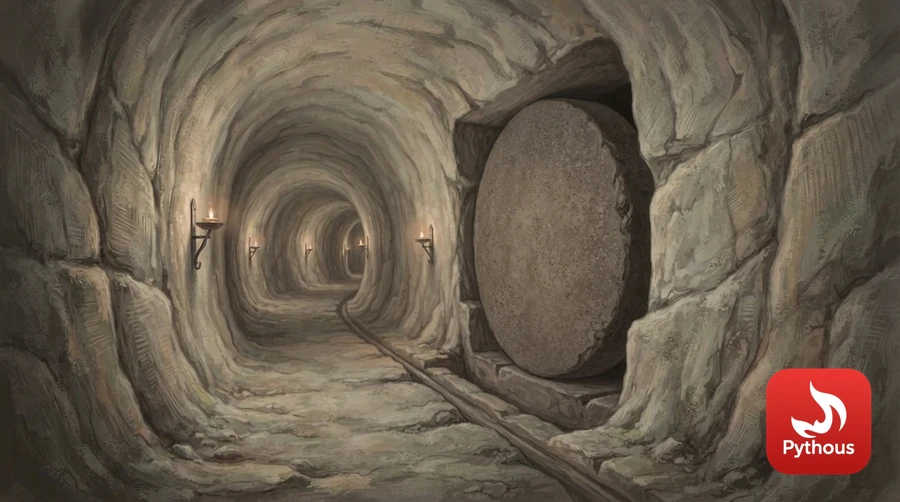 A narrow tunnel carved in volcanic rock with a round stone door, lit by oil lamps