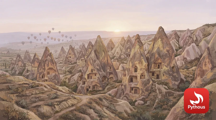 Cappadocia's volcanic rock cones with carved doorways at sunrise
