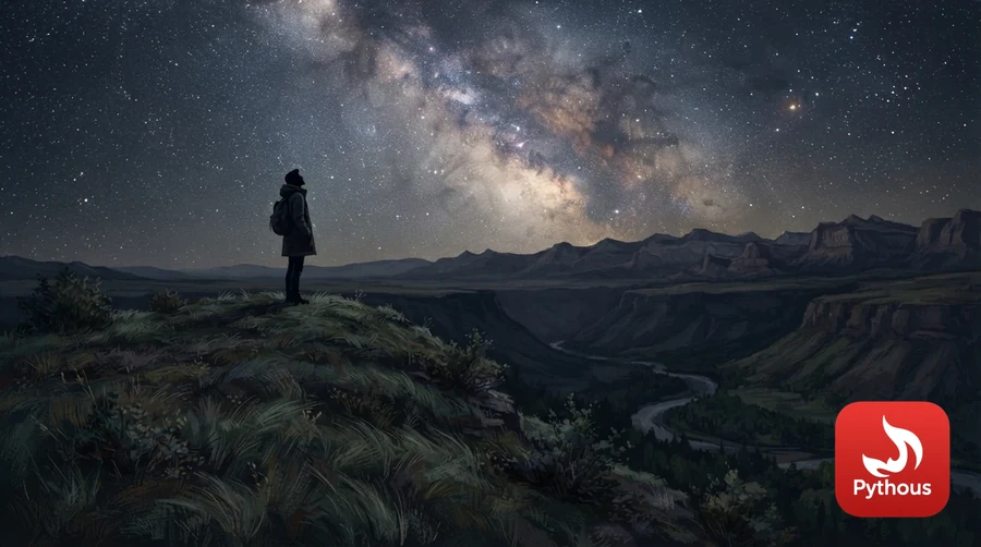 A lone person standing on a hill at night beneath the Milky Way