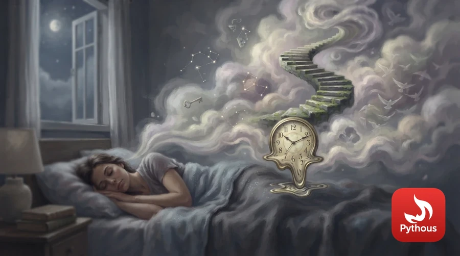 A sleeping person with surreal dream images floating above the bed