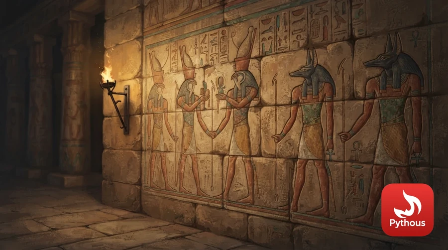 Painted temple relief carvings of falcon-headed and jackal-headed gods in torchlight