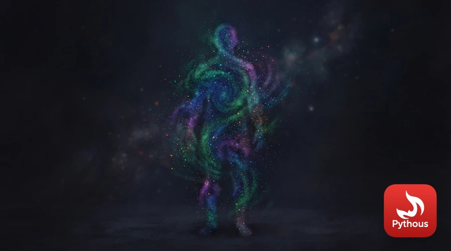 A human silhouette made of glowing coloured particles