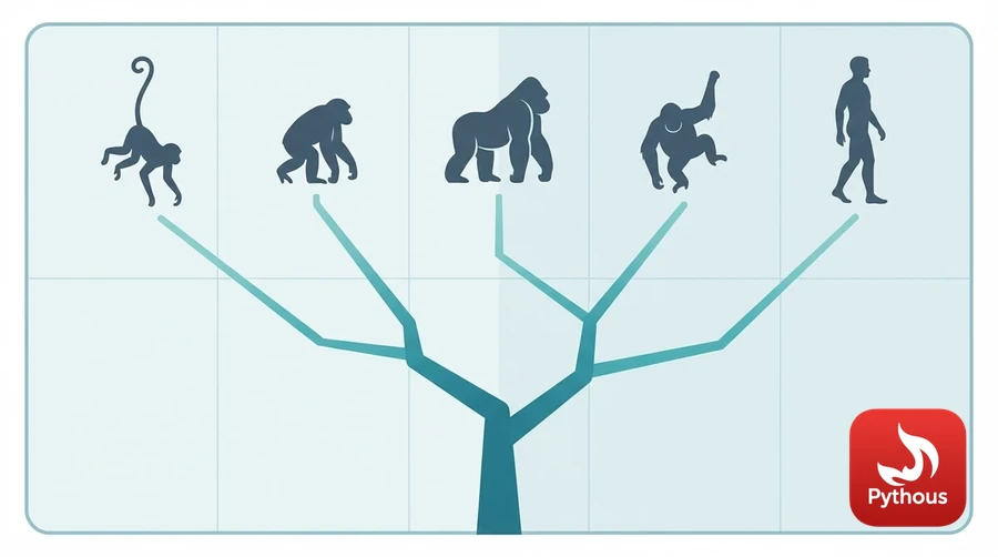A branching tree ending in silhouettes of a monkey, chimpanzee, gorilla, orangutan and human