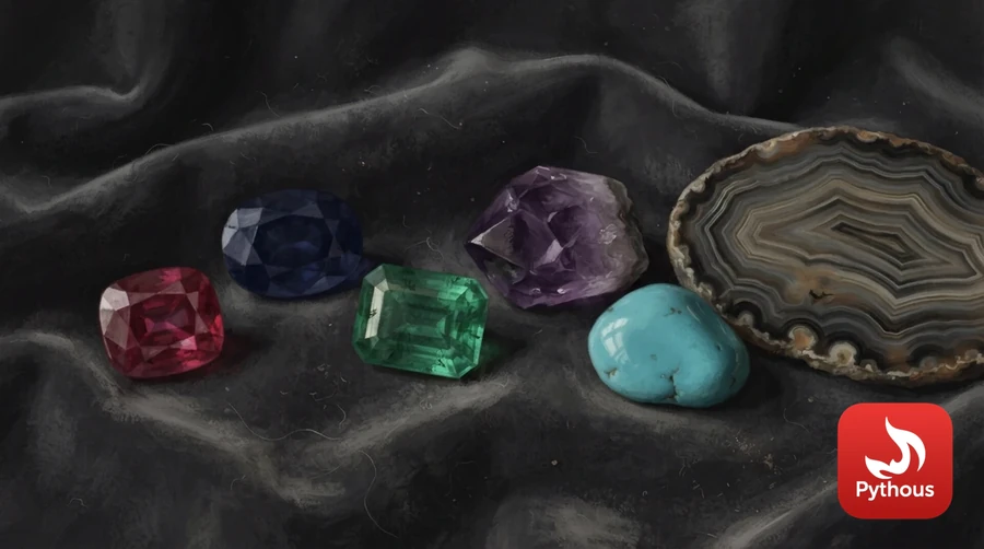 Polished ruby, sapphire, emerald, amethyst, turquoise and agate on dark velvet
