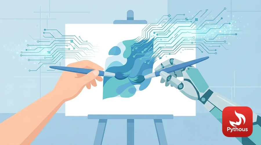 A robotic hand and a human hand painting on a canvas that turns into digital patterns