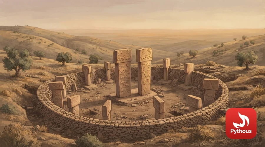 Massive carved T-shaped stone pillars standing in a circular enclosure on a hilltop