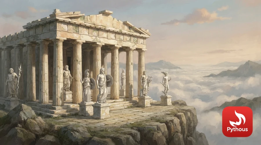 Marble statues of Greek gods in a sunlit temple above the clouds