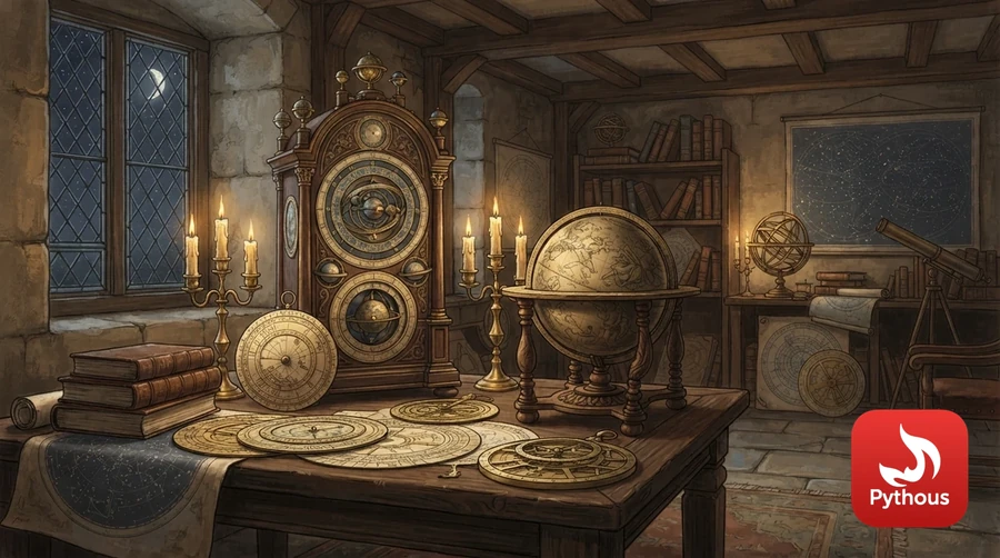 A Renaissance astronomer's study with an astronomical clock and a celestial globe