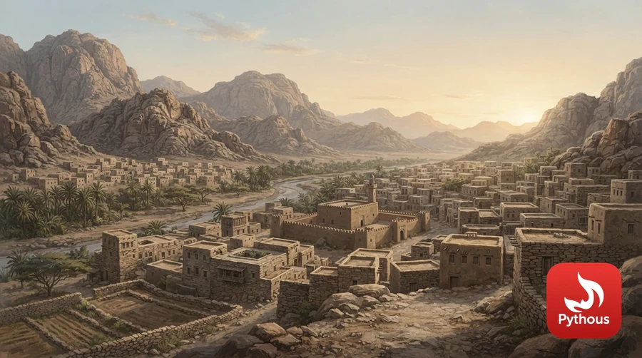 Low stone houses in a dry valley ringed by rocky mountains, early morning