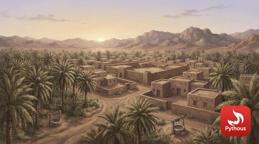 Palm groves and low mud-brick houses of old Medina at dawn