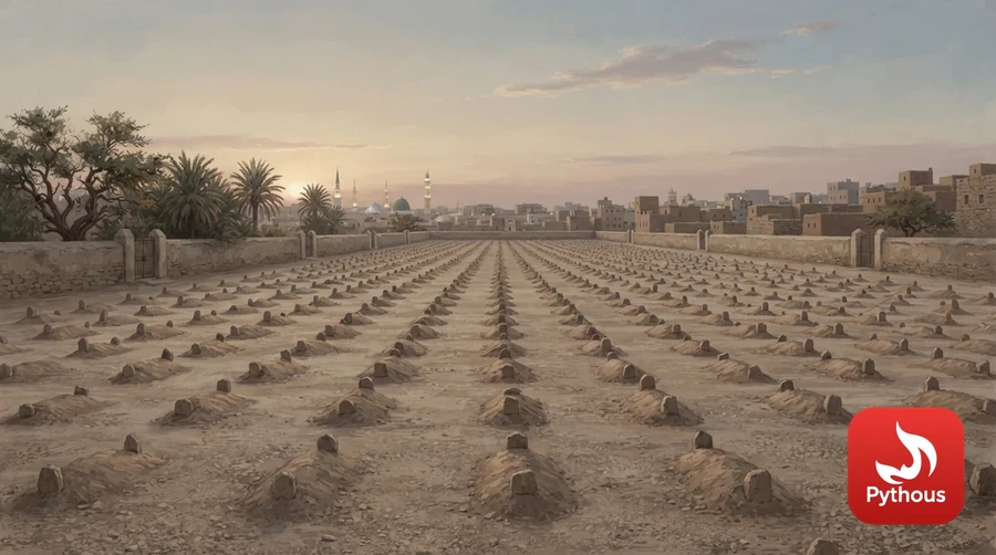 Simple unmarked stone graves in Medina's Jannat al-Baqi cemetery under a pale sky