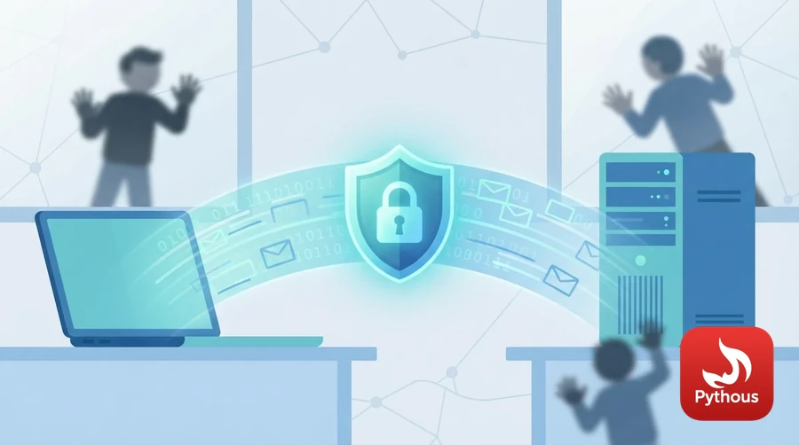 A padlock shielding a stream of data between a laptop and a server