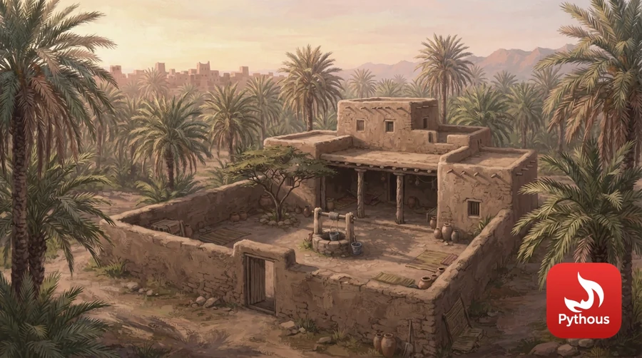 A courtyard house among date palms in old Medina at sunrise