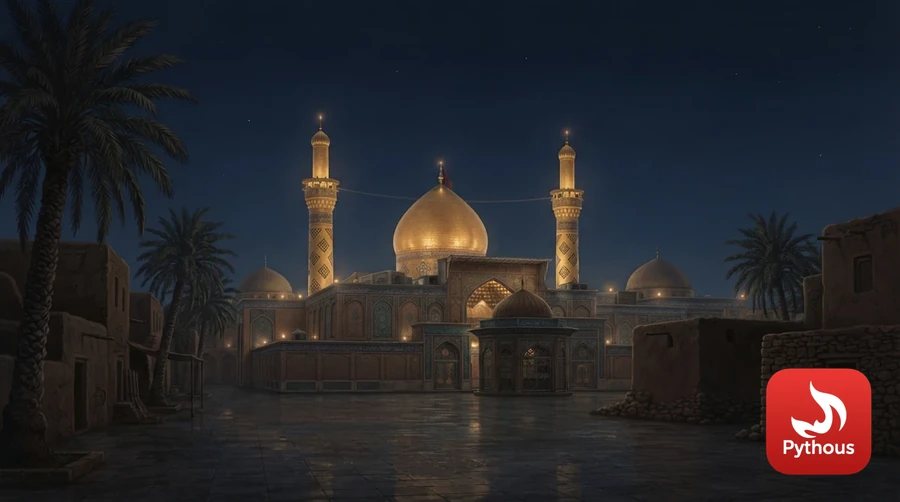 The golden dome of the shrine of Imam Hussain in Karbala glowing at night