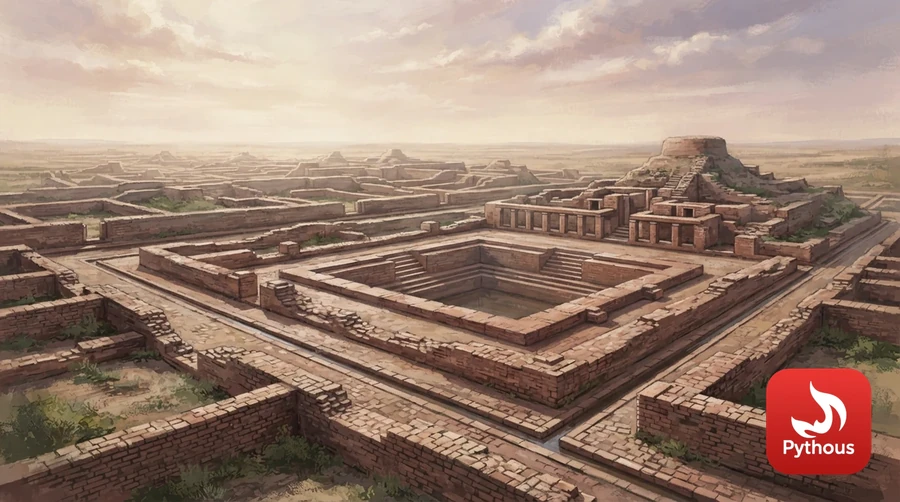 The excavated brick streets and great bath of Mohenjo-daro under a blazing sky