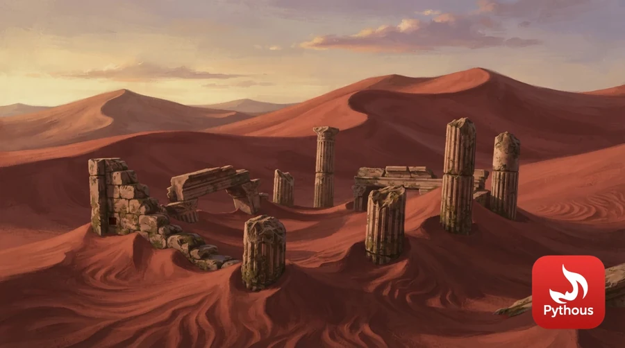 Ancient stone pillars half-buried in red desert dunes at sunset