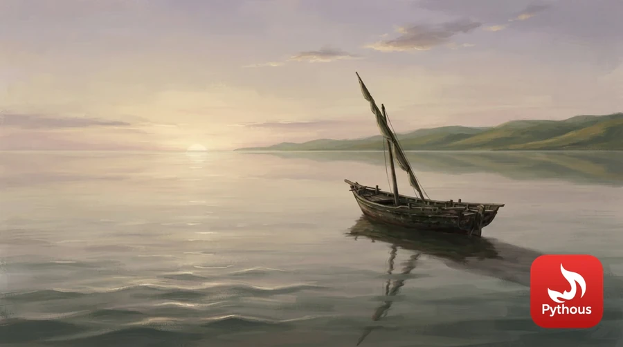 An old wooden sailing boat on the Red Sea, the hills of Abyssinia on the horizon