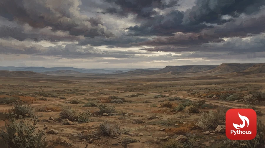 A wide barren plain with distant hills under a dramatic sky