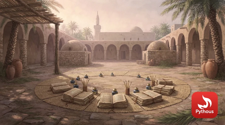 A mosque courtyard with reed mats, inkwells, reed pens and stacked manuscripts