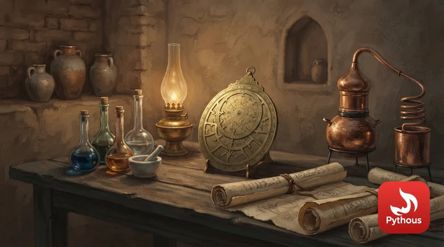 An astrolabe, glass flasks and an alembic on a wooden table with manuscripts