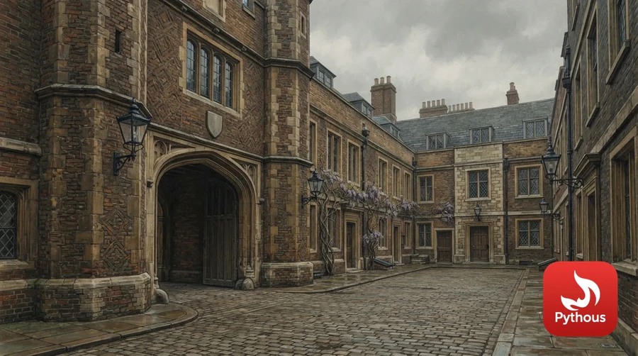 A Victorian brick gatehouse and courtyard of an Inn of Court in London