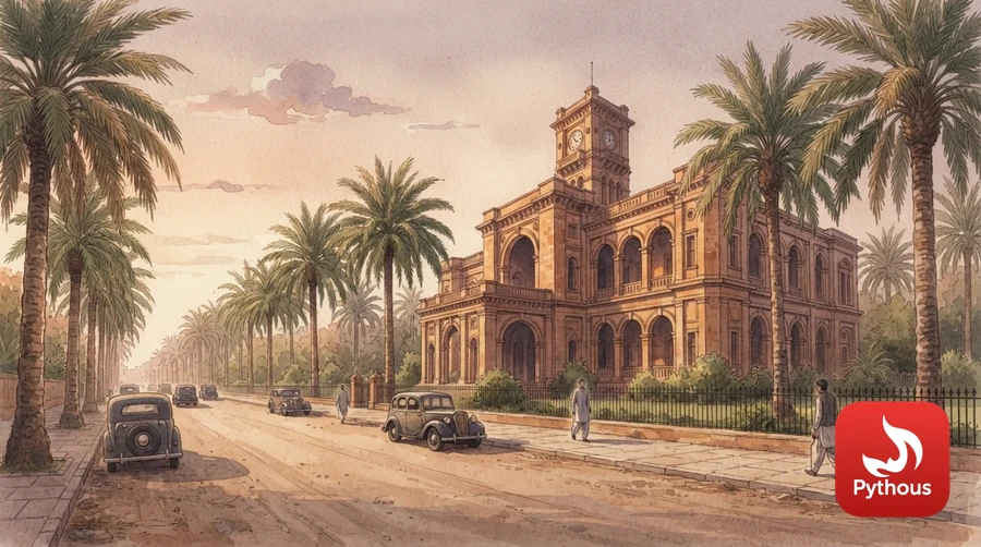 A colonial sandstone building on a palm-lined Karachi avenue in 1947