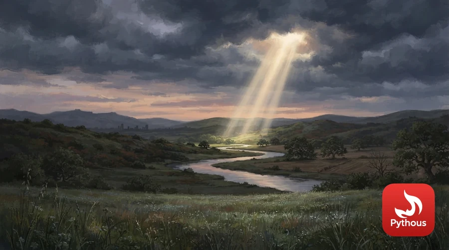 A single beam of light breaking through storm clouds over a wide landscape at dawn