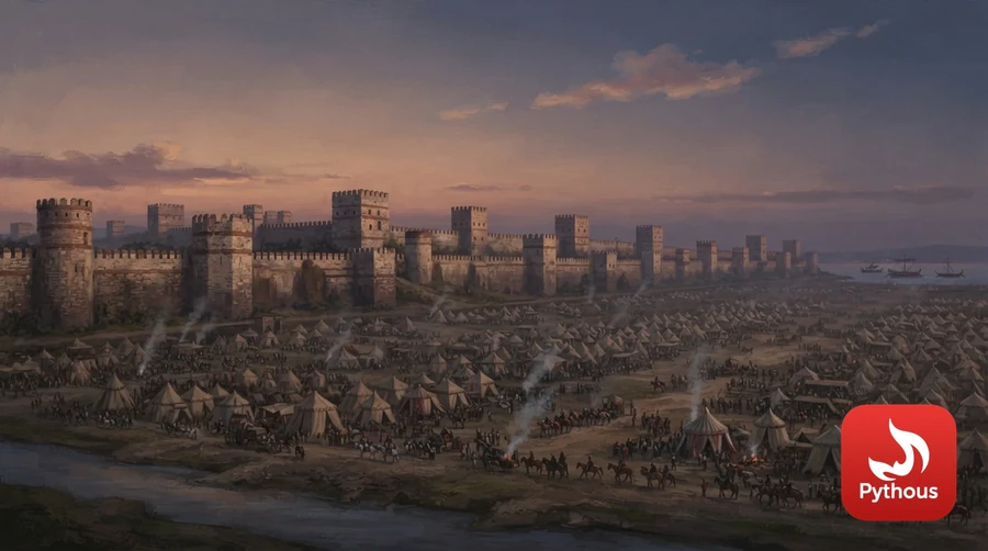 The huge land walls of Constantinople at dusk with an army camp on the plain outside