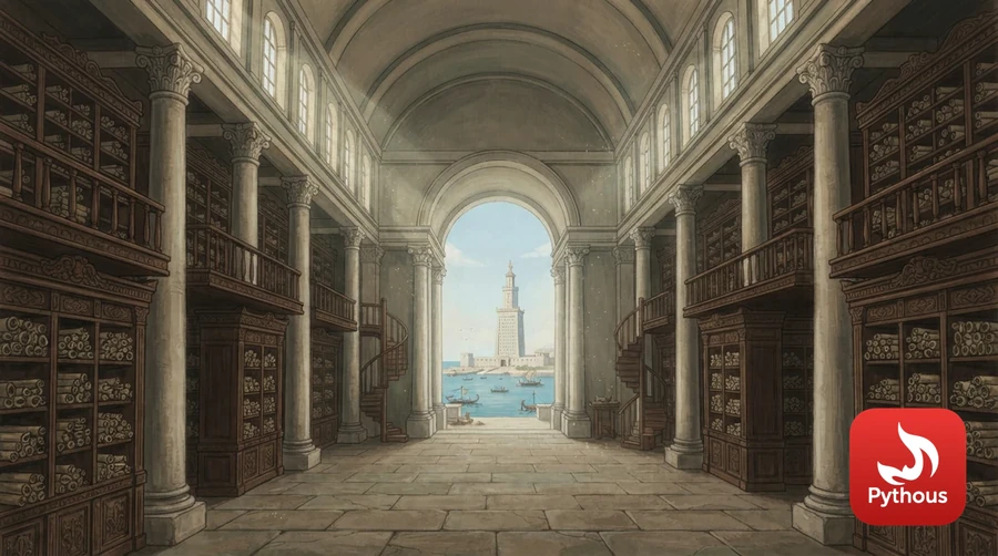 A colonnaded hall lined with shelves of papyrus scrolls, Alexandria's harbour visible through an archway
