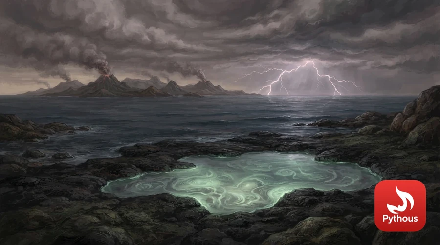 An early-Earth shoreline with volcanoes, lightning and a glowing tide pool