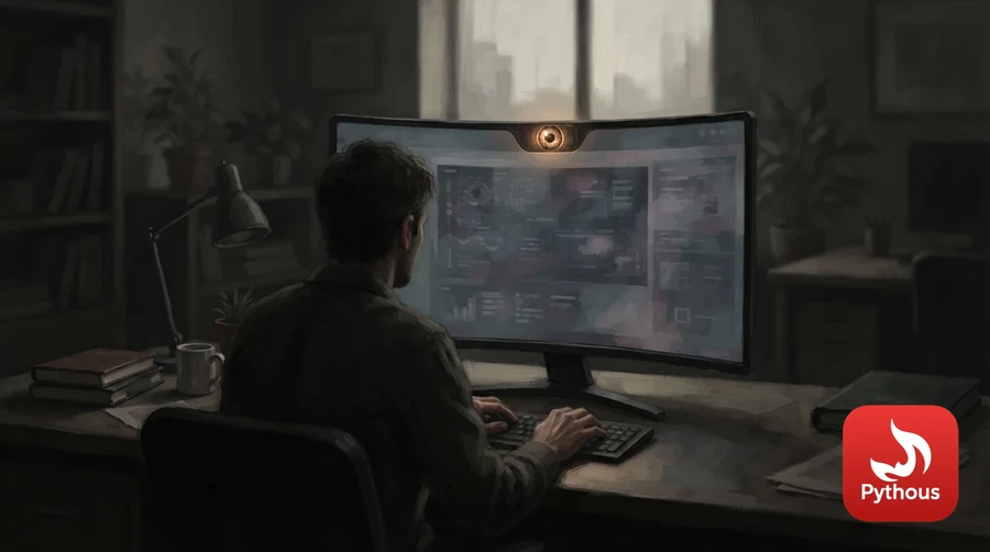 A person working late at a desk while a glowing camera-like eye watches from the monitor