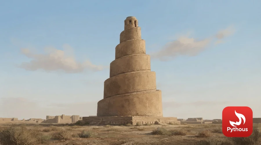 The spiral brick Malwiya minaret of Samarra under a clear sky