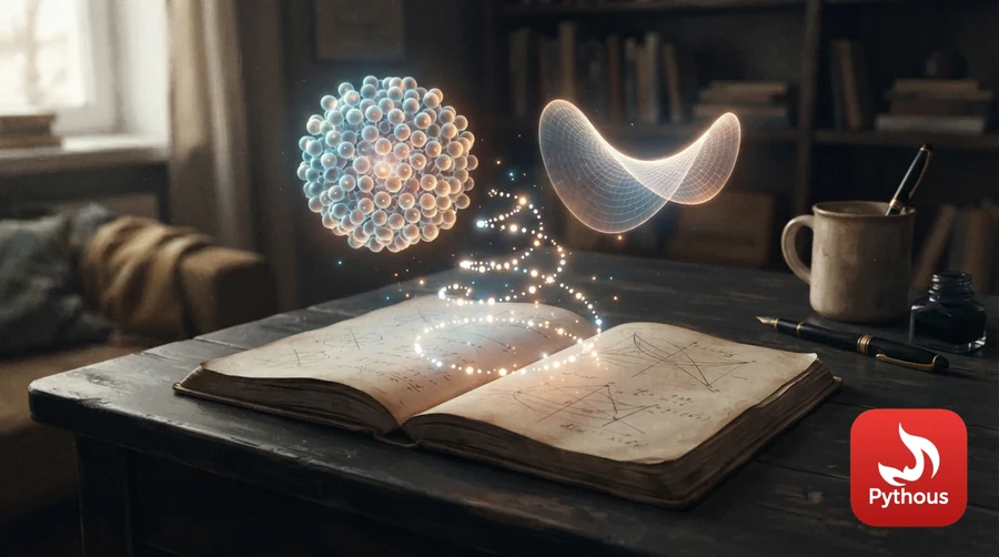 Glowing packed spheres, curved surfaces and a prime spiral floating above an open notebook