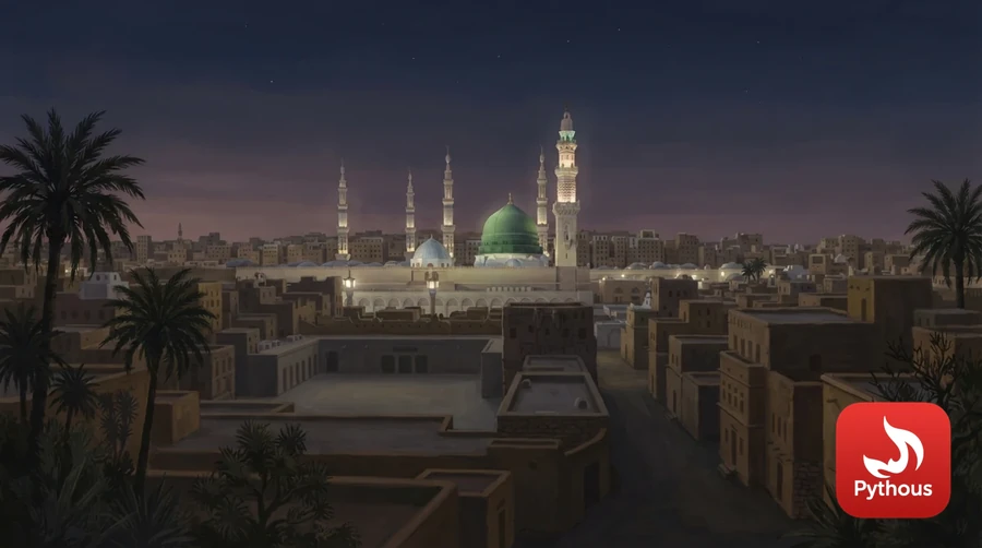 The green dome of the Prophet's Mosque in Medina at dusk