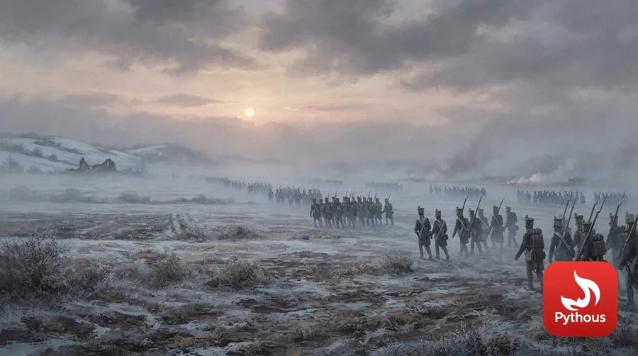 Soldiers in blue coats advancing through winter fog across frozen fields at sunrise
