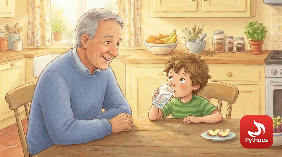 A grandfather and a young boy at a kitchen table, the boy sipping a glass of water