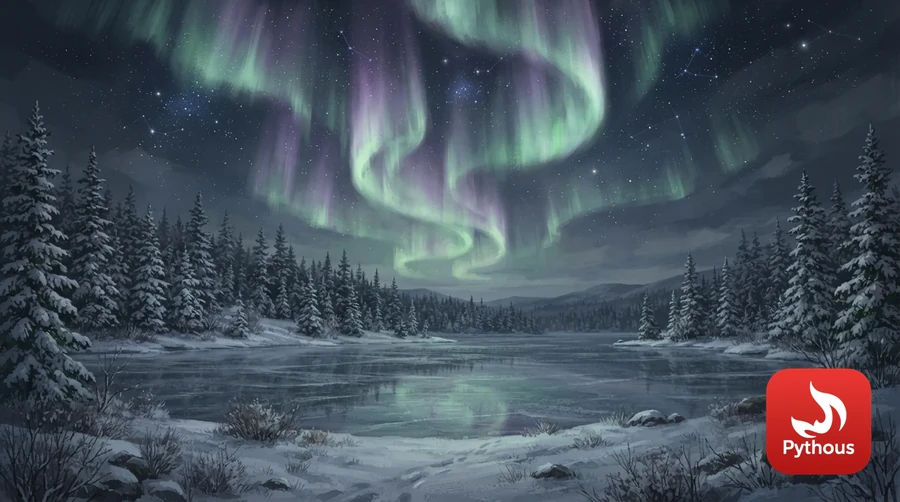 Green and purple aurora over a snowy forest and a frozen lake at night