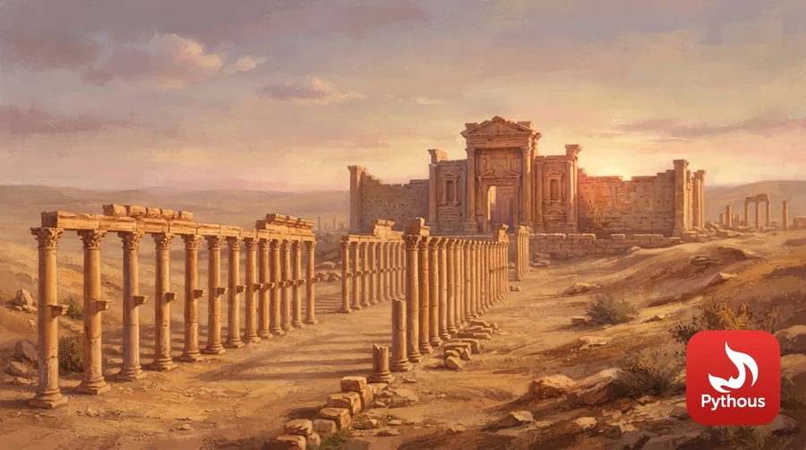 The colonnaded street and temple ruins of Palmyra in the desert at sunset