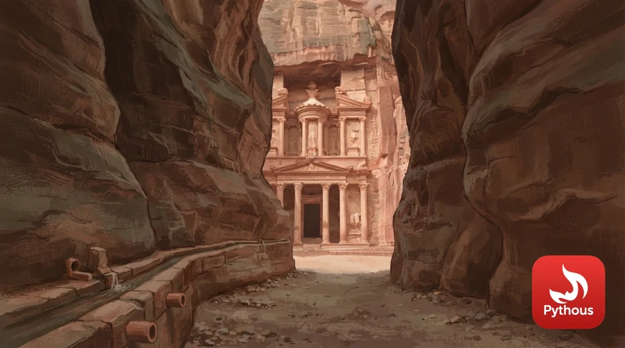 Petra's rose-red rock-cut Treasury seen from the narrow canyon, a water channel along the wall