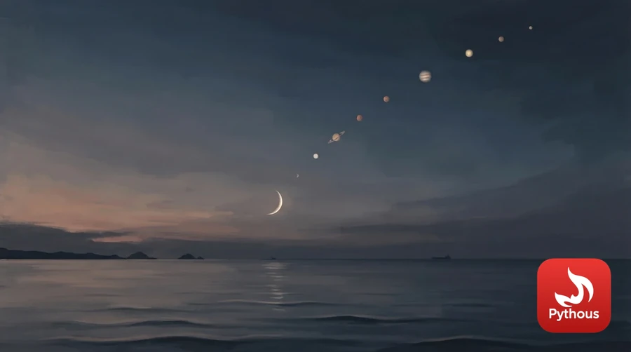 Several bright planets lined up in an arc across a twilight sky above a calm sea