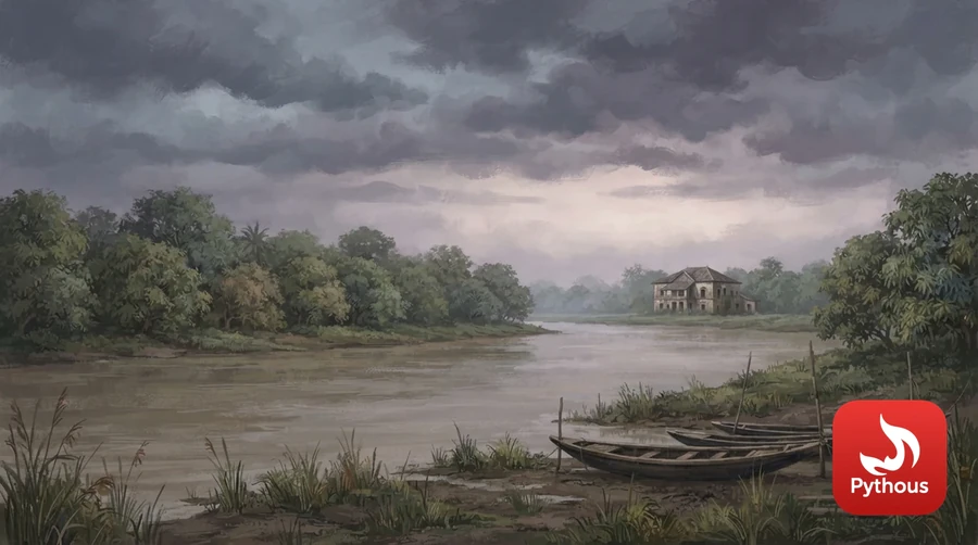 A Bengal river and mango groves in monsoon light, an old lodge in the distance