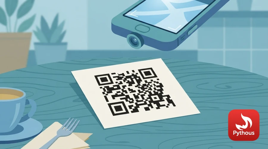 A large black-and-white square matrix code printed on a café table card