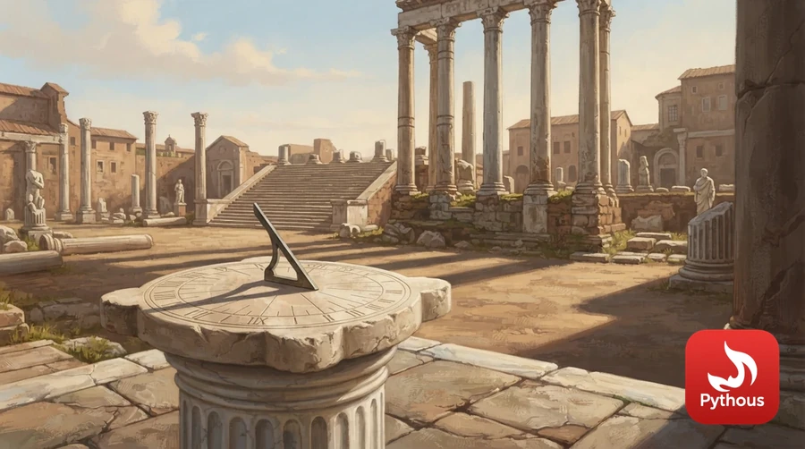 A stone sundial in a sunlit Roman forum with marble columns