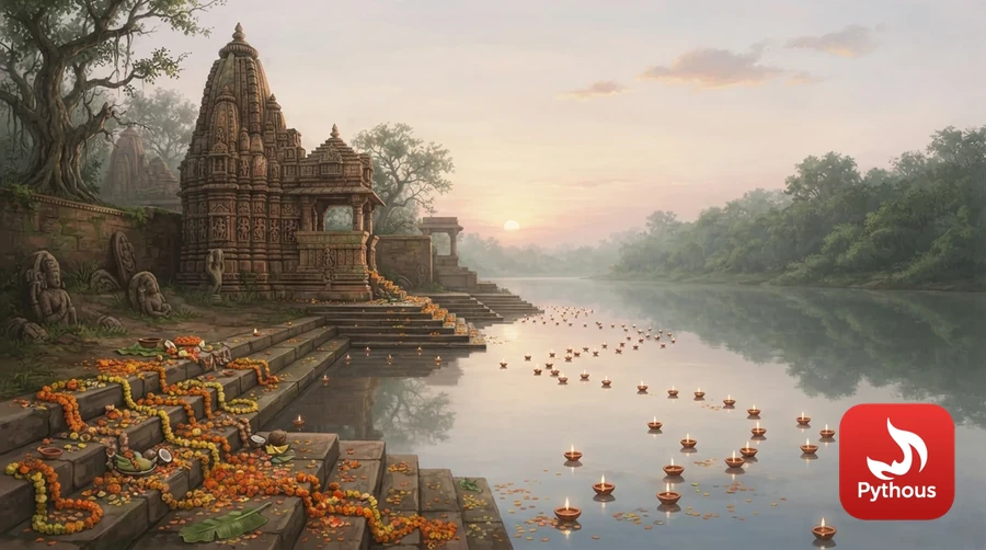 An ancient stone temple on a riverbank at sunrise with oil lamps floating on the water
