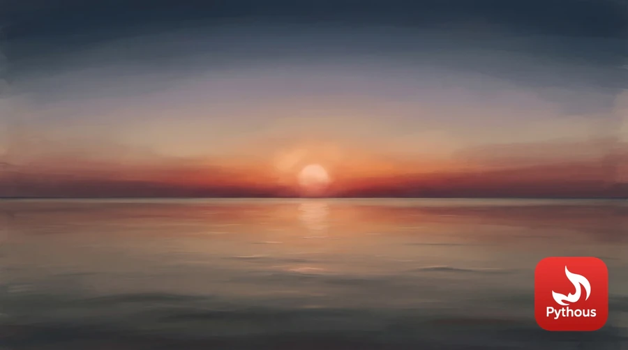 A sunset over the ocean with the sky fading from deep blue overhead to orange at the horizon