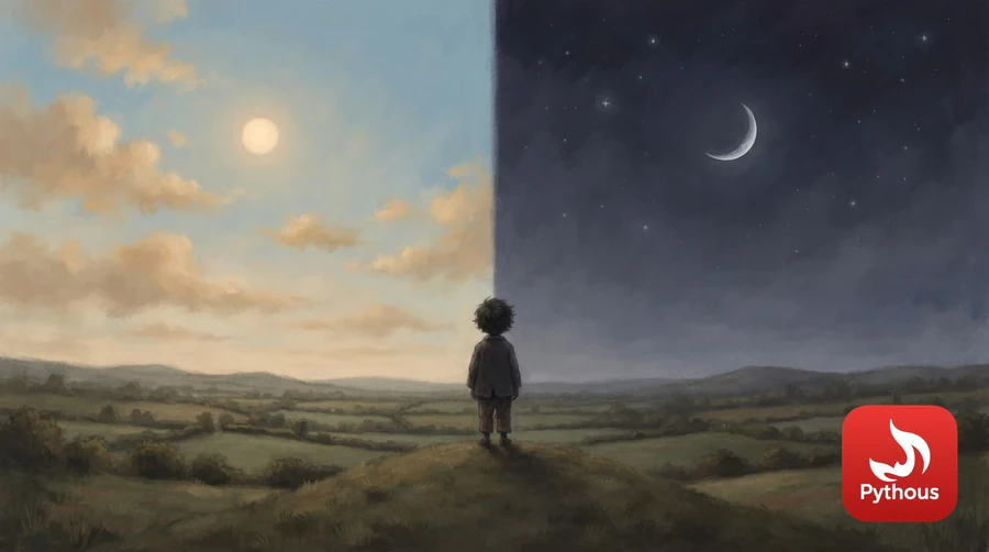 The sun and a crescent moon sharing the sky above a child standing on a hill