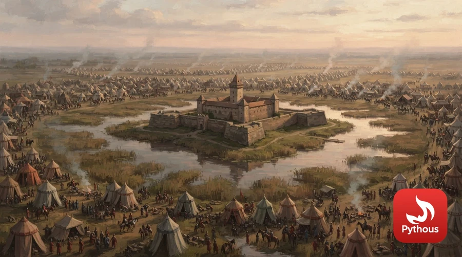 A 16th-century fortress on a marsh island surrounded by a vast army camp