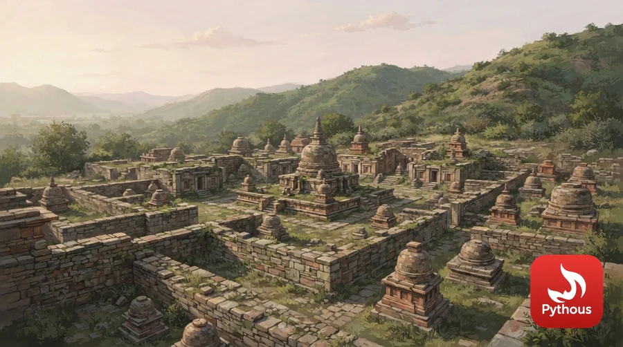 Ruins of a stone Buddhist monastery and stupas near Taxila with green hills behind