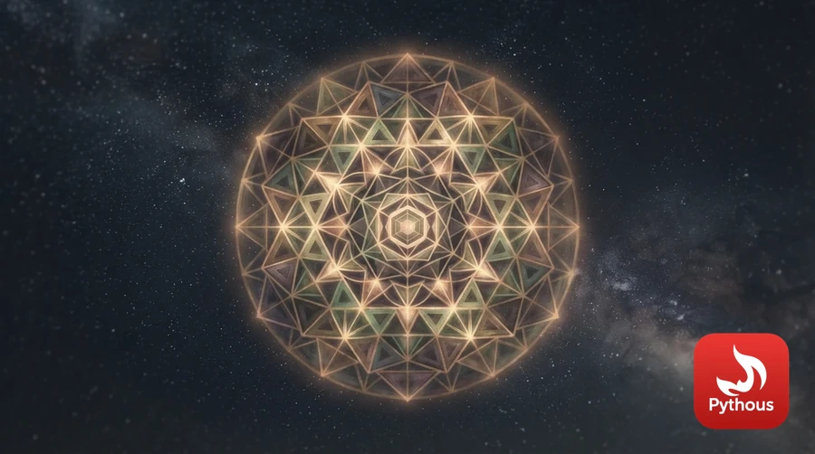 Glowing triangles and hexagons forming a geometric mandala against a dark sky