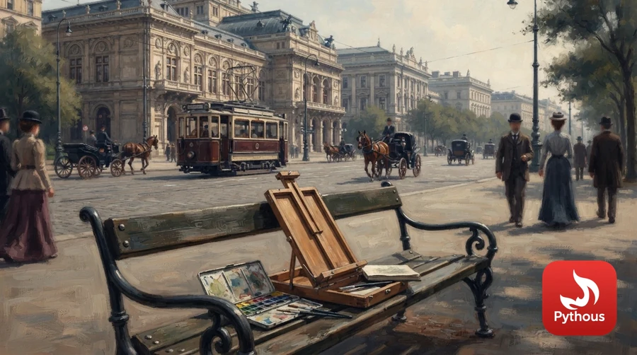 A Vienna boulevard around 1910 with trams, carriages and an empty artist's easel